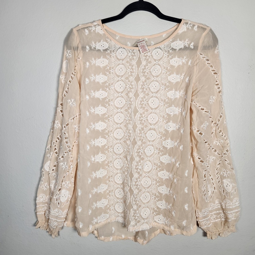 Sundance Catalog Womens Medium Beige Angelique Silk Top Off White Embroidery